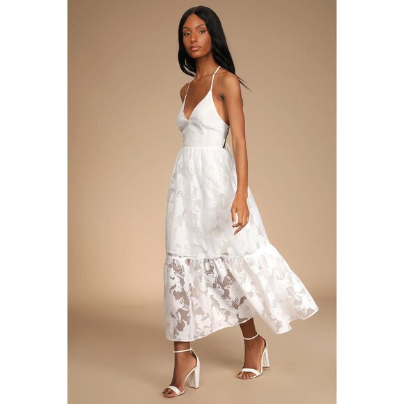 Lulus Dresses & Skirts - Lulus Dress Size S White Jacquard Organza Lace-Up Midi Floral Bridal
